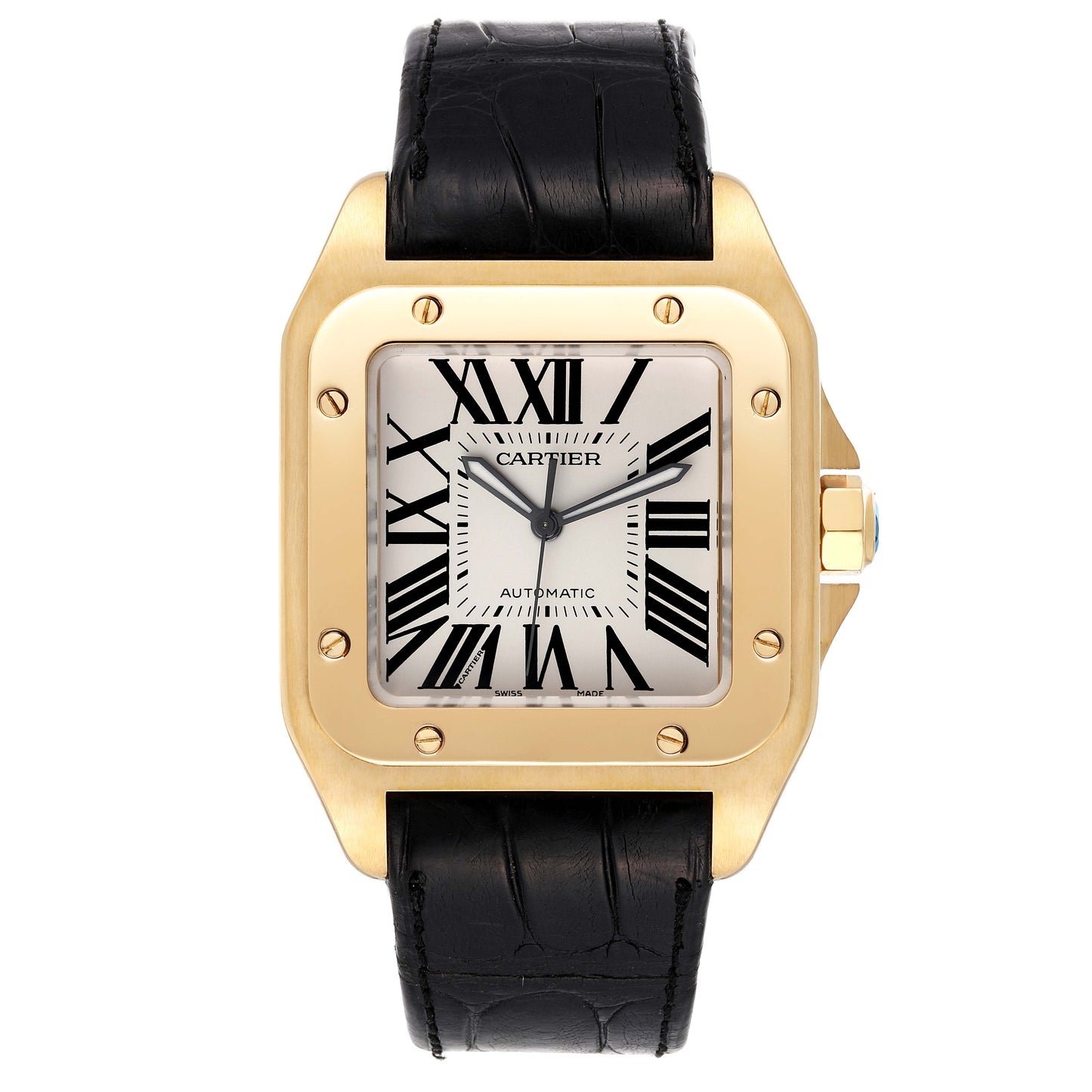 Cartier Santos 100 XL 38mm 18k Yellow Gold Black Strap Mens Watch W20071Y1