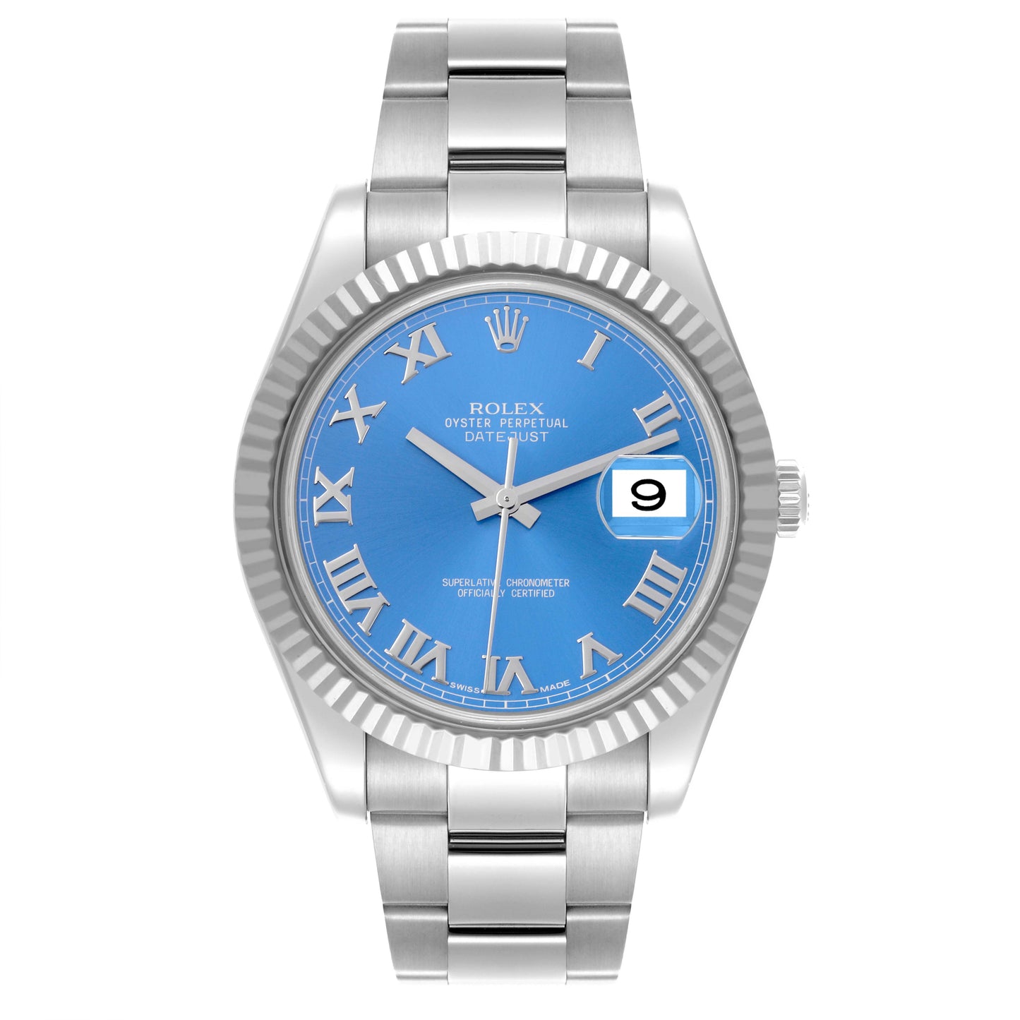 Rolex Datejust 41mm 18k White Gold Fluted Bezel Blue Roman Dial Oyster Stainless Steel Watch 116334
