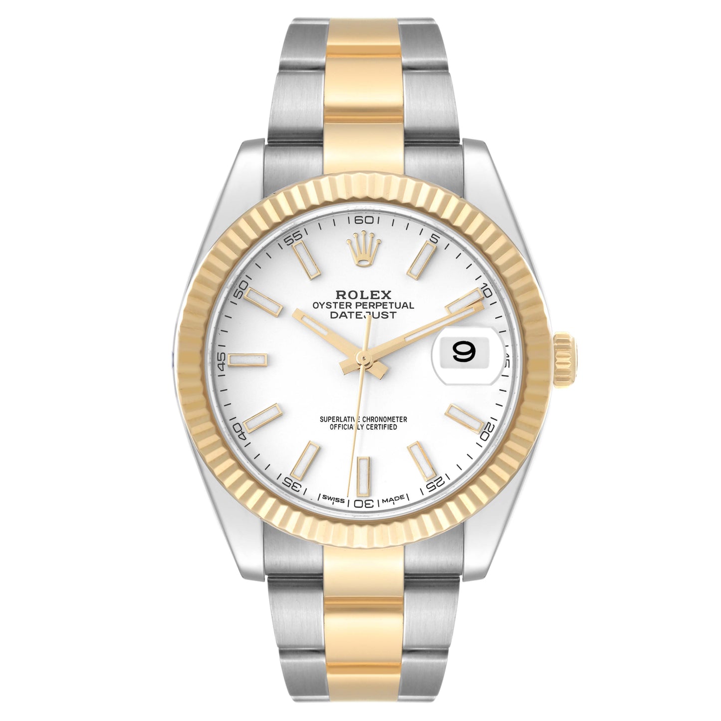 Rolex Datejust 41mm 2 Tone 18k Yellow Gold & Stainless Steel Fluted Bezel White Dial Oyster Band Steel Watch 126333