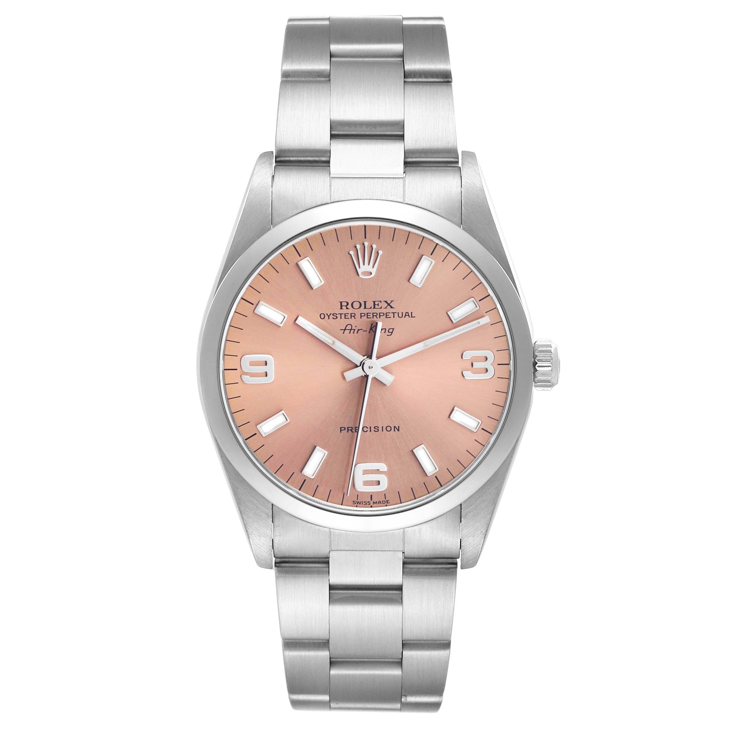 Rolex Oyster Perpetual Air-King 34mm Salmon Dial SS Smooth Bezel Oyster Band Stainless Steel Watch 14000