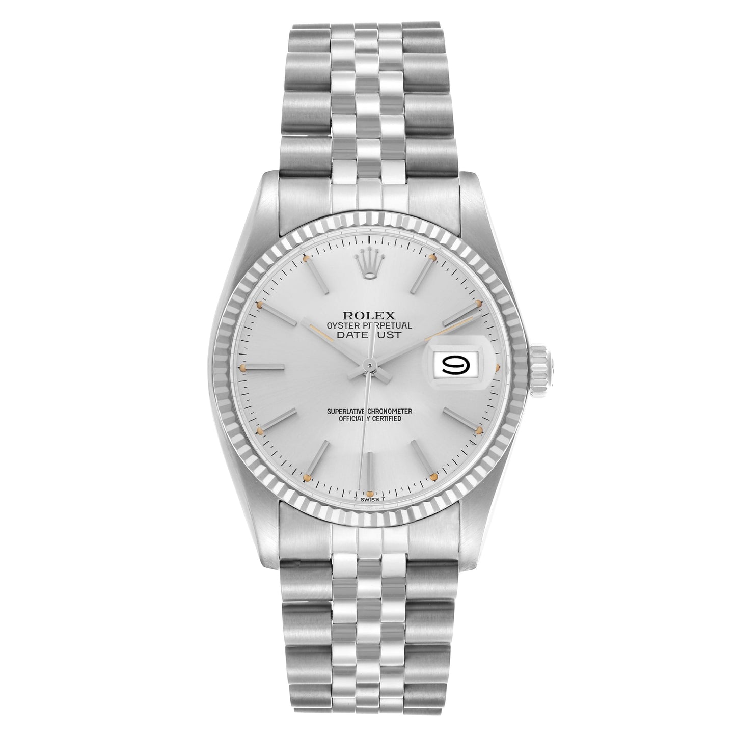 Rolex Datejust 36mm Silver Dial 18k White Gold Fluted Bezel Stainless Steel Jubilee Watch 16014