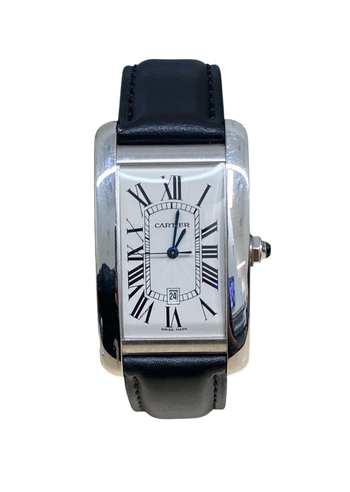 Cartier Tank Americaine 45mm x 26.6mm Silver Dial White Gold Black Leather Strap Watch 1741