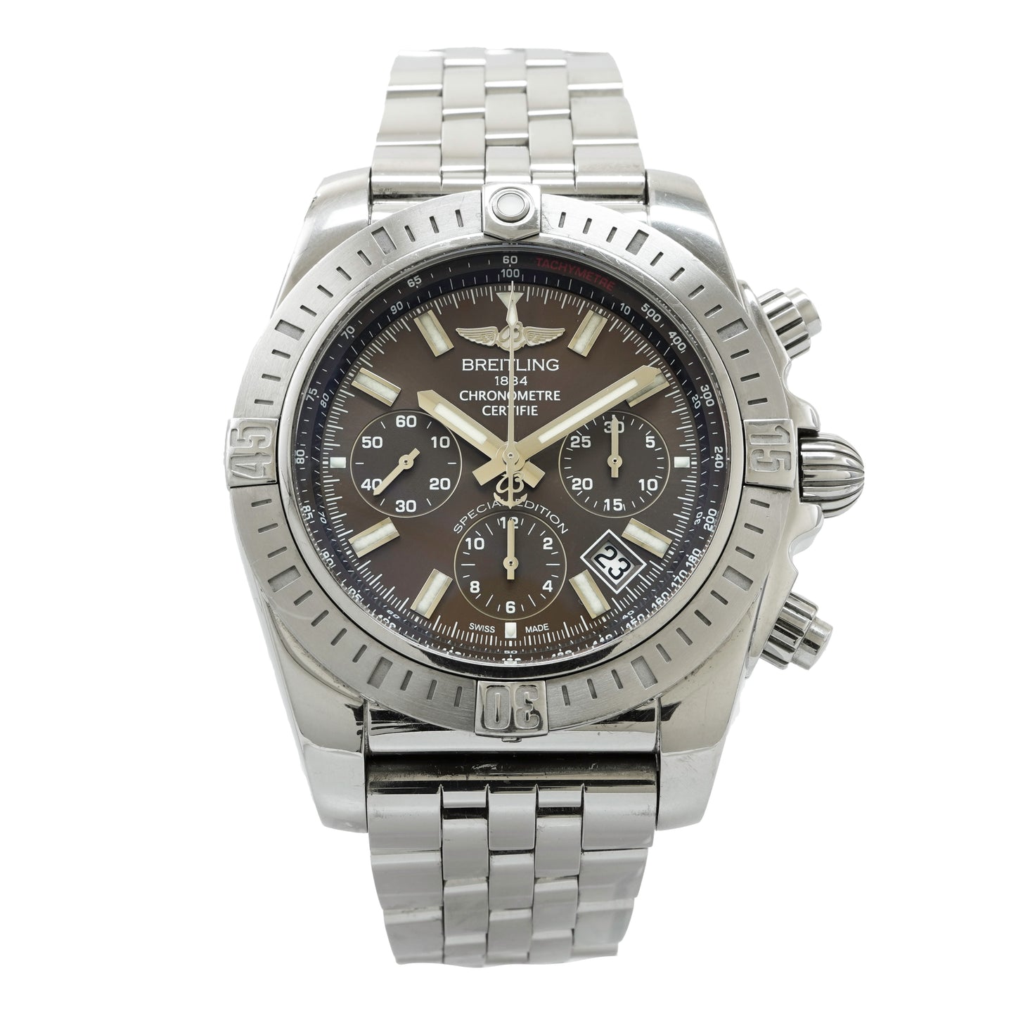Breitling Airbourne 44mm Stainless Steel Black Dial Chronograph Black Leather Strap Watch AB0115