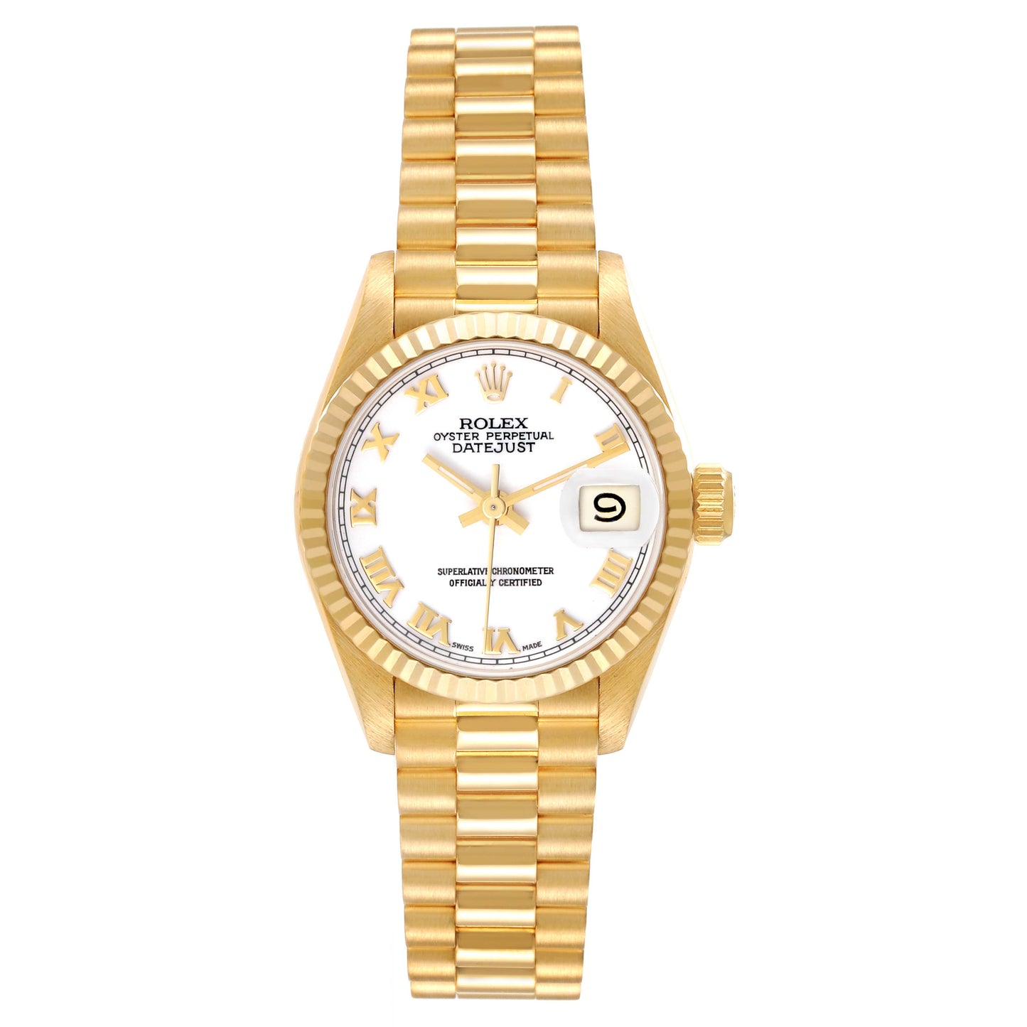 Rolex Datejust 26mm 18k Yellow Gold Cream Dial Fluted Bezel President Band Watch 69178