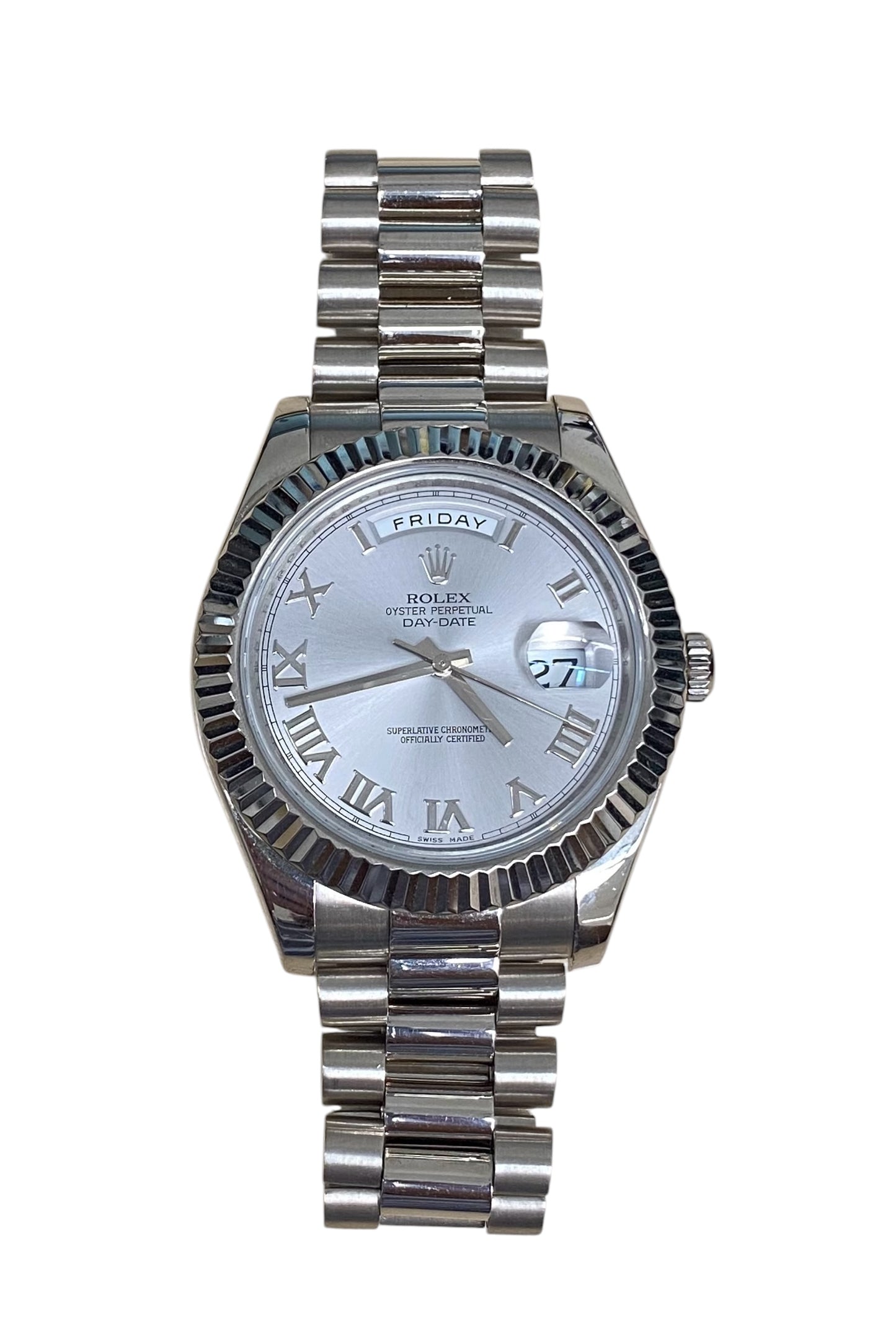 Rolex Day Date President 41mm 18k White Gold Fluted Bezel Silver Dial with Roman Watch 218239