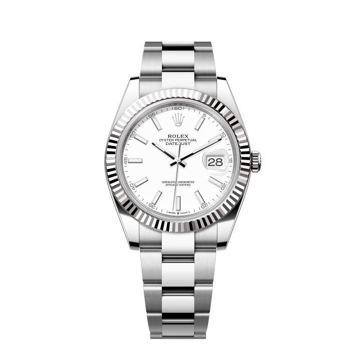 Rolex Datejust 41mm 18k White Gold Fluted Bezel White Dial Oyster Stainless Steel Watch 126334