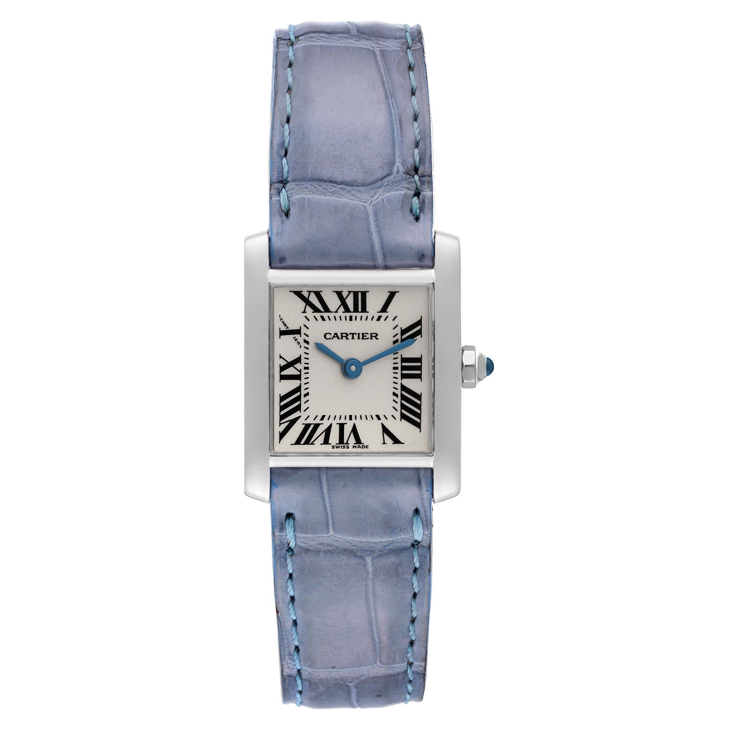 Cartier Tank Francaise White Gold Blue Strap Leather band Ladies Watch 2403