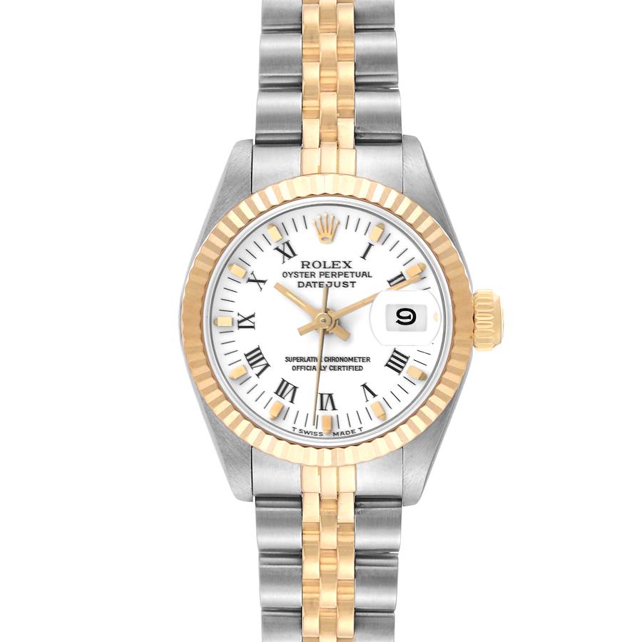 Rolex Datejust 26mm 2-Tone 18k Yellow Gold & Stainless Steel White Dial Fluted Bezel Jubilee Band Watch 69173