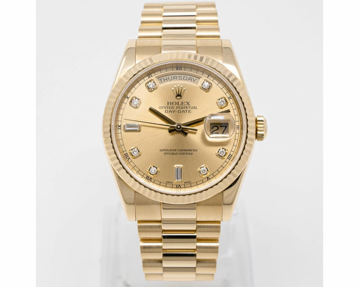 Rolex President Day-Date 18K Yellow Gold Champagne Factory Diamond Dial Fluted Bezel Double Quickset Watch 118238