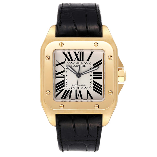 Cartier Santos 100 XL 38mm 18k Yellow Gold Black Strap Mens Watch W20071Y1