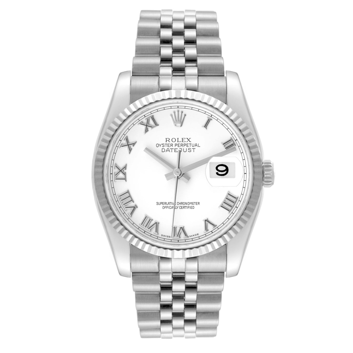 Rolex Datejust 36mm Stainless Steel 18k White Gold Fluted Bezel White Roman Dial Jubilee Watch 116234