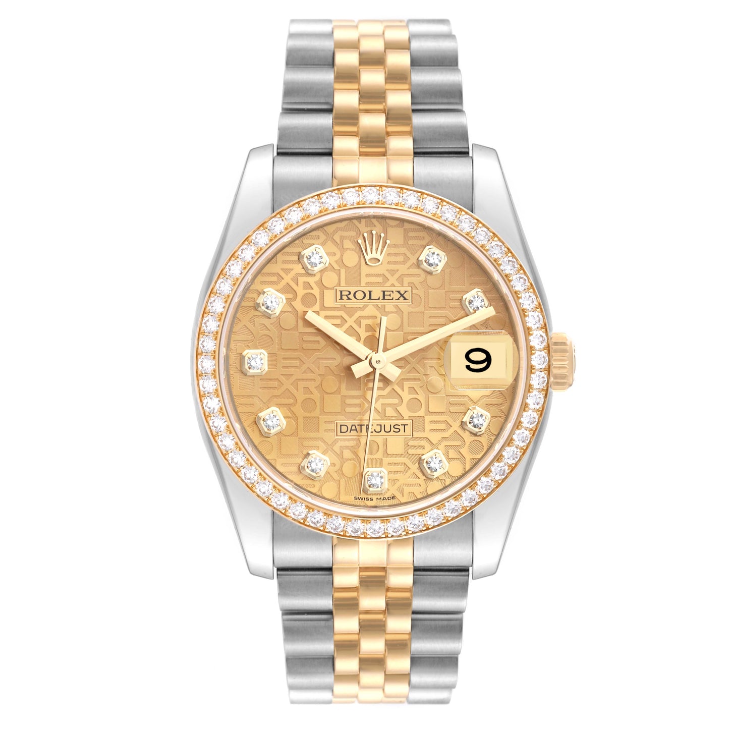 Rolex Datejust 36mm 2 Tone 18k Yellow Gold & Stainless-Steel Champagne anniversary Dial Diamond Bezel Jubilee Watch 116243