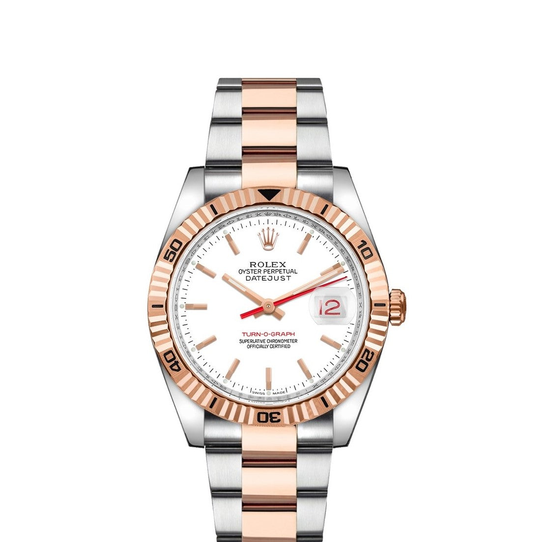 Rolex Datejust Turnograph 36mm 2 Tone 18k Rose Gold & Stainless Steel White Dial Fluted Bezel Oyster Steel Watch 116261