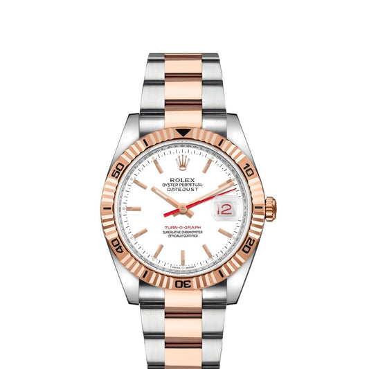 Rolex Datejust Turnograph 36mm 2 Tone 18k Rose Gold & Stainless Steel White Dial Fluted Bezel Oyster Steel Watch 116261