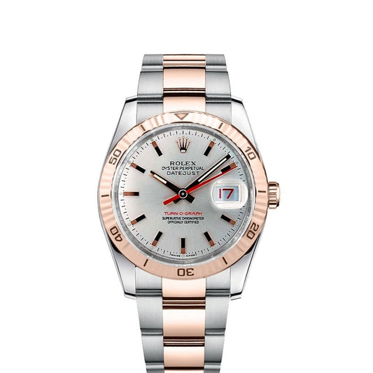 Rolex Datejust Turnograph 36mm 2 Tone 18k Rose Gold & Stainless Steel Silver Dial Fluted Bezel Oyster Steel Watch 116261