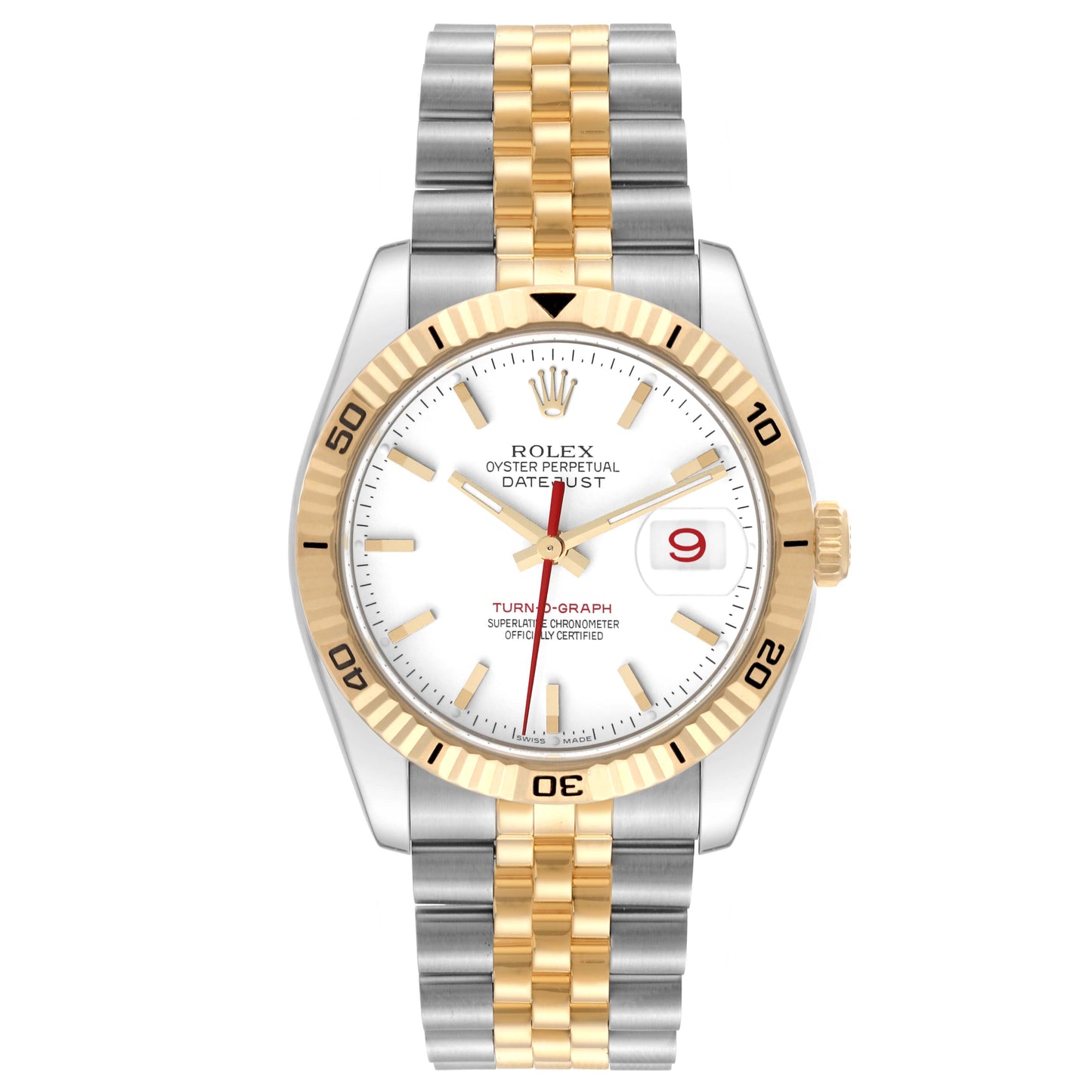 Rolex Datejust Turnograph 36mm 2 Tone 18k Yellow Gold & Stainless Steel White Dial Fluted Bezel Jubilee Steel Watch 116263