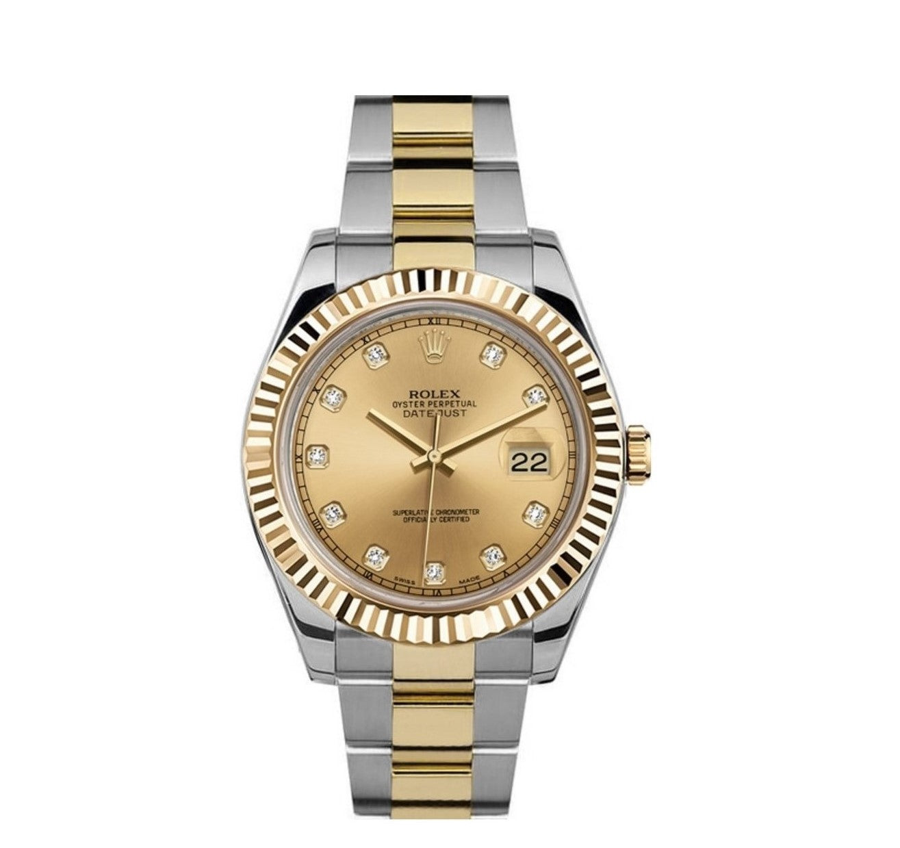 Rolex Datejust 41mm 2 Tone 18k Yellow Gold & Stainless Steel Fluted Bezel Champagne Diamond Dial Oyster Steel Watch 116333