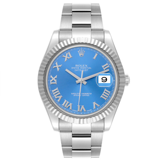 Rolex Datejust 41mm 18k White Gold Fluted Bezel Blue Roman Dial Oyster Stainless Steel Watch 116334