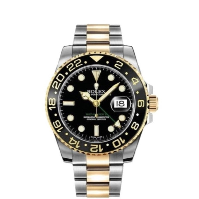 Rolex GMT-Master II 40mm 2 Tone 18k Yellow Gold & Stainless Steel Black Dial Ceramic Bezel Oyster Watch 116713LN