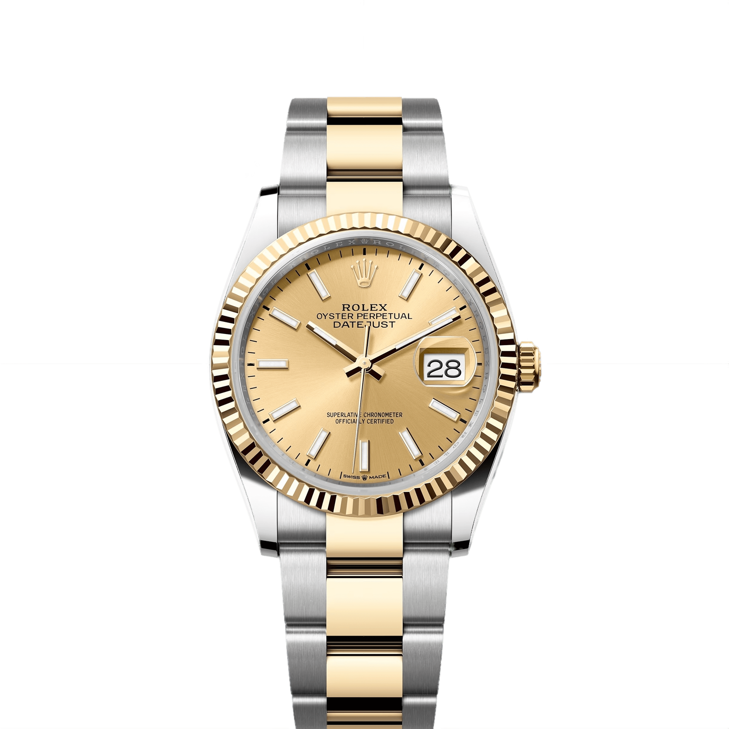 Rolex Datejust 36mm 2 Tone 18k Yellow Gold & Stainless Steel Champagne Dial Fluted Bezel Oyster Watch 126233