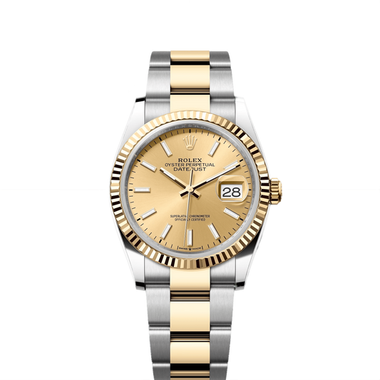 Rolex Datejust 36mm 2 Tone 18k Yellow Gold & Stainless Steel Champagne Dial Fluted Bezel Oyster Watch 126233