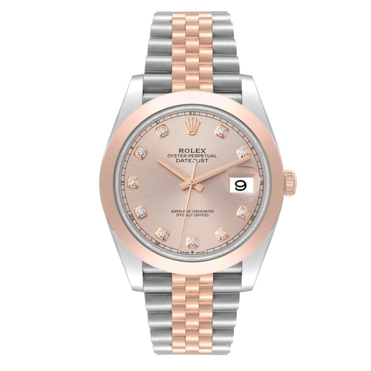 Rolex Datejust 41mm 2 Tone Stainless Steel & 18k Rose Gold Smooth Bezel Sundust Diamond Dial Jubilee Steel Watch 126301