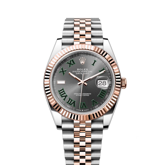 Rolex Datejust II 41mm 2 Tone 18k Rose Gold & Stainless Steel Fluted Bezel Slate Gray Wimbledon Dial Jubilee Watch 126331