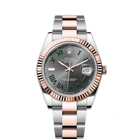 Rolex Datejust II 41mm 2 Tone Stainless Steel & 18k Rose Gold Fluted Bezel Slate Gray Wimbledon Roman Dial Oyster Stainless Steel Watch 126331