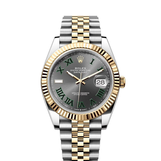 Rolex Datejust II 41mm 2 Tone Stainless Steel & 18k Yellow Gold Fluted Bezel Slate Gray Wimbledon Roman Dial Jubilee Stainless Steel Watch 126333