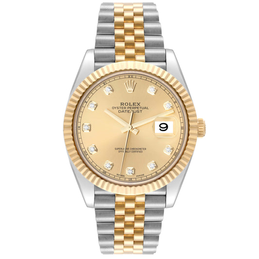 Rolex Datejust 41mm 2 Tone 18k Yellow Gold & Stainless-Steel Fluted Bezel Champagne Diamond Dial Jubilee Watch 126333