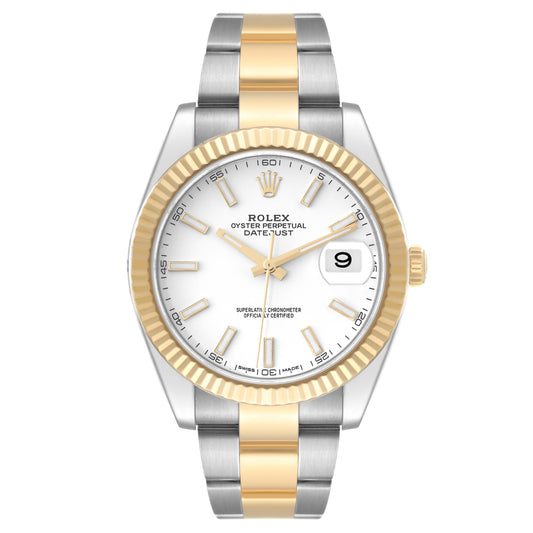Rolex Datejust 41mm 2 Tone 18k Yellow Gold & Stainless Steel Fluted Bezel White Dial Oyster Band Steel Watch 126333