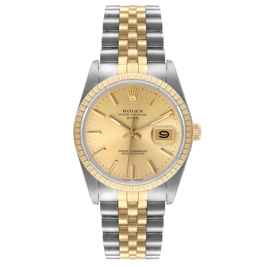 Rolex Date 34mm 2 Tone 18k Yellow Gold & Stainless Steel Silver Dial YG Fluted Bezel Jubilee Watch 15053