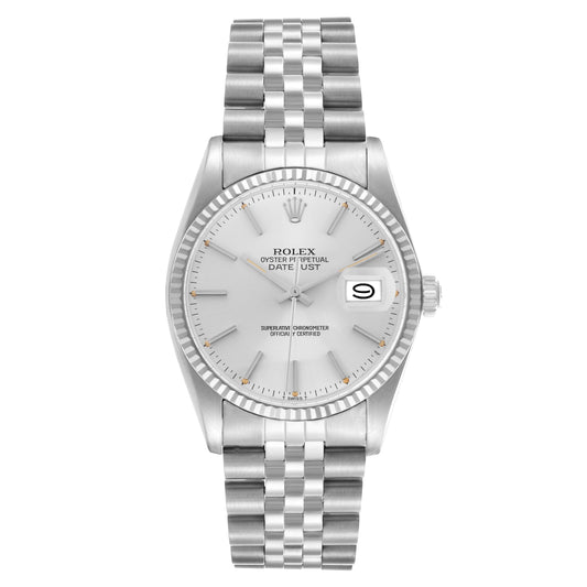 Rolex Datejust 36mm Silver Dial 18k White Gold Fluted Bezel Stainless Steel Jubilee Watch 16014