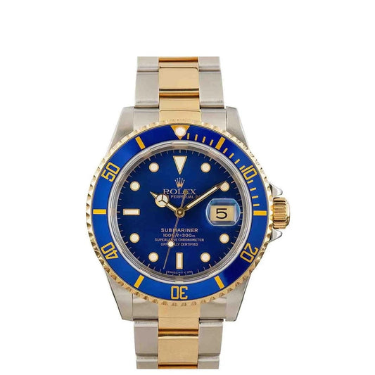 Rolex Submariner 40mm 2 Tone 18k Yellow Gold & Stainless Steel Date Blue Dial & Bezel Oyster Steel Watch 16613