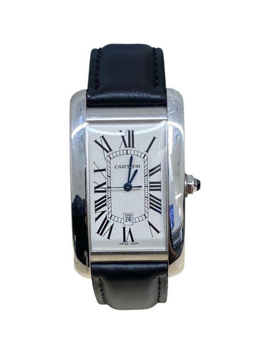Cartier Tank Americaine 45mm x 26.6mm Silver Dial White Gold Black Leather Strap Watch 1741