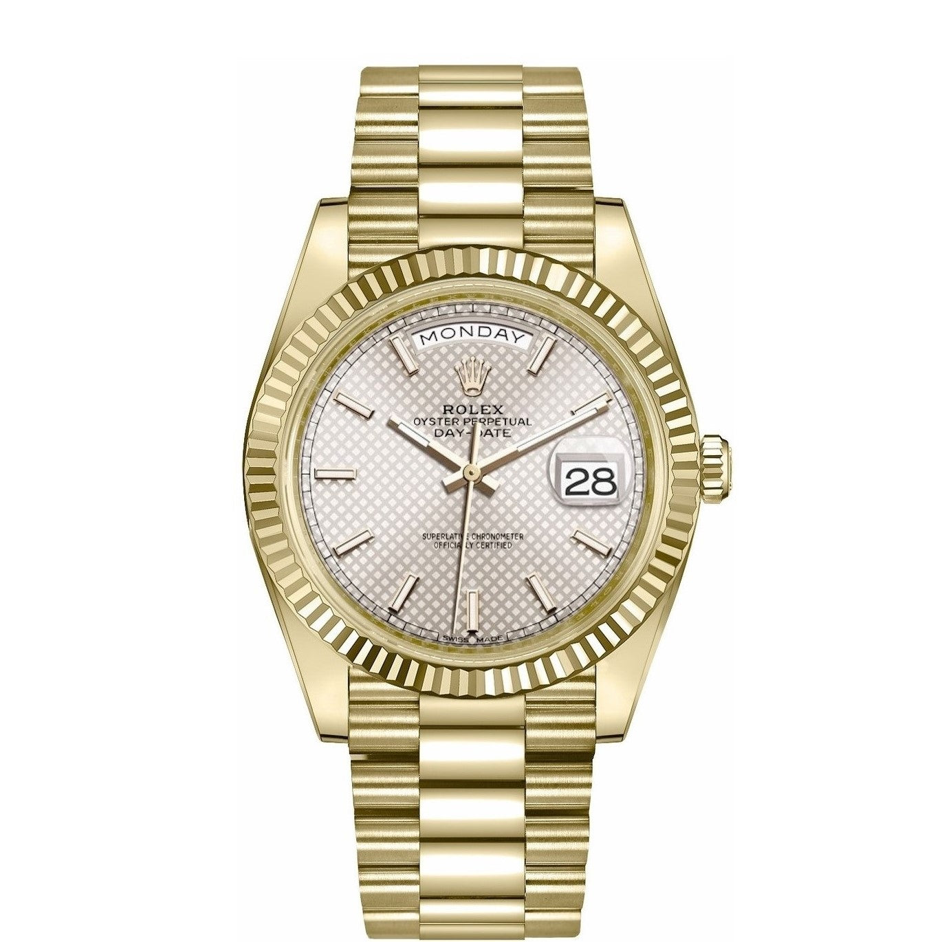 Rolex Day Date President 40mm 18k Yellow Gold Fluted Bezel Silver Diagonal Motif Dial Watch 228238