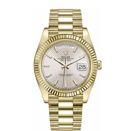 Rolex Day Date President 40mm 18k Yellow Gold Fluted Bezel Silver Diagonal Motif Dial Watch 228238