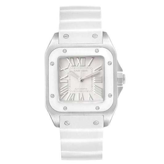 Cartier Santos 100 White Rubber Strap Steel Ladies Watch W20129U2