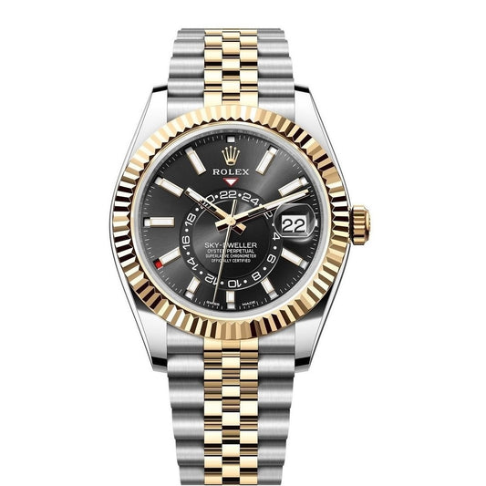 Rolex Sky-Dweller 42mm 2-Tone 18k Yellow Gold & Stainless Steel Fluted Bezel Black Dial Jubilee Watch 336933