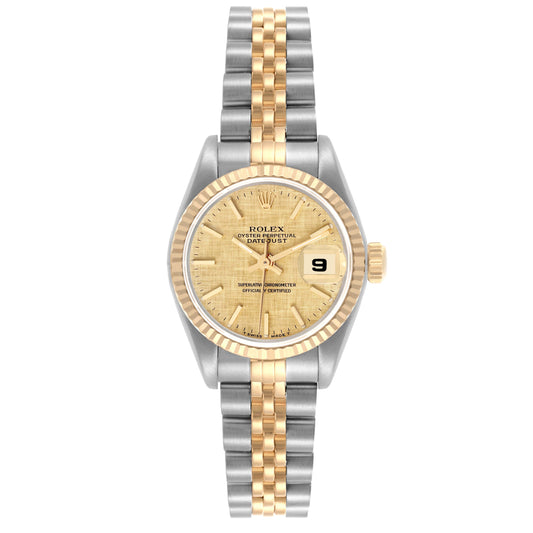 Rolex Datejust 26mm 2-Tone 18k Yellow Gold & Stainless Steel Gold Linen Dial 18k YG Fluted Bezel Jubilee Band Watch 69173