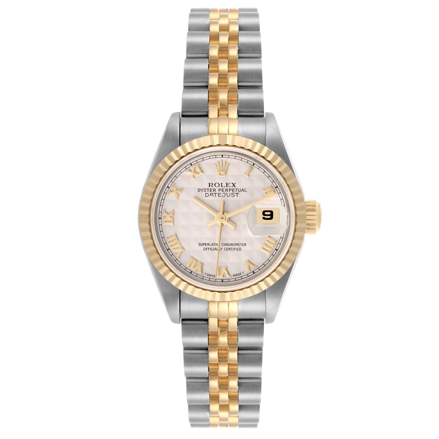 Rolex Datejust 26mm 2-Tone 18k Yellow Gold & Stainless Steel Ivory Pyramid Dial 18k YG Fluted Bezel Jubilee Band Watch 69173
