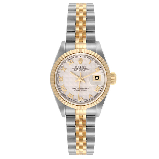 Rolex Datejust 26mm 2-Tone 18k Yellow Gold & Stainless Steel Ivory Pyramid Dial 18k YG Fluted Bezel Jubilee Band Watch 69173