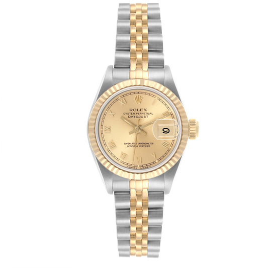 Rolex Datejust 26mm 2-Tone 18k Yellow Gold & Stainless Steel Gold Roman Dial 18k YG Fluted Bezel Jubilee Band Watch 69173