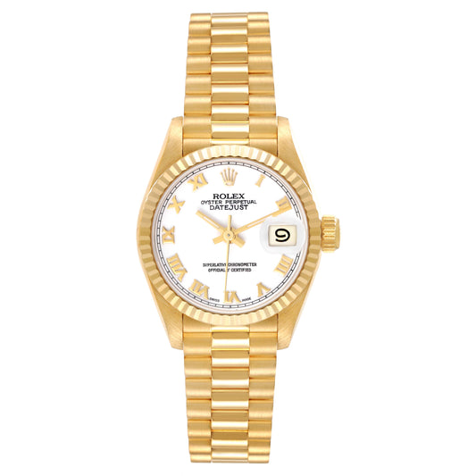 Rolex Datejust 26mm 18k Yellow Gold Cream Dial Fluted Bezel President Band Watch 69178