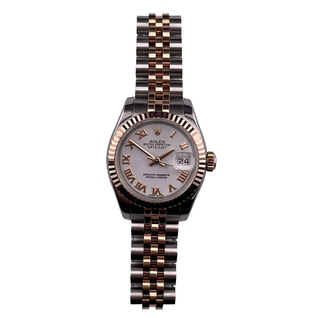 Rolex Datejust 26mm 2-Tone 18k Rose Gold & Stainless Steel RG Fluted Bezel White Roman Dial Jubilee Watch 179171