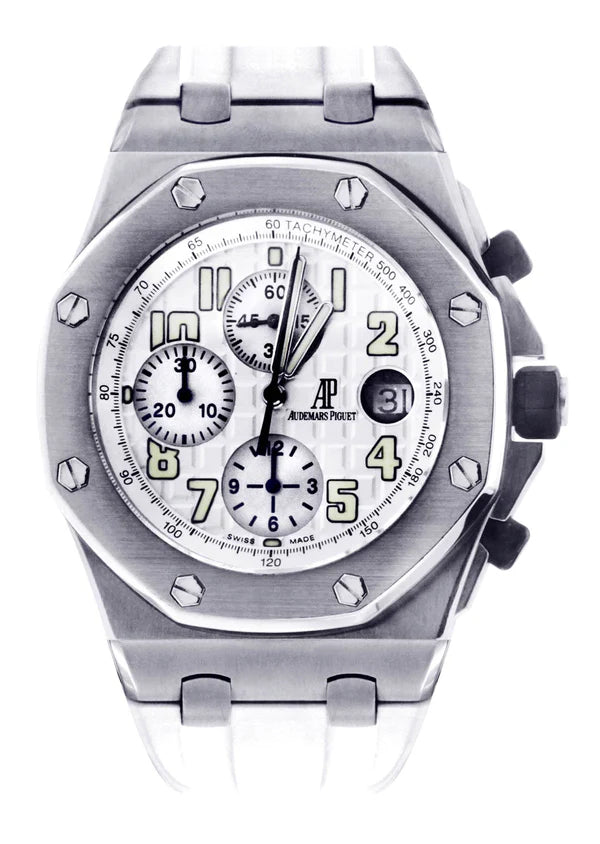 Audemars Piguet 42mm Royal Oak Offshore Silver Dial Stainless Steel White Rubber Strap Watch 26020ST