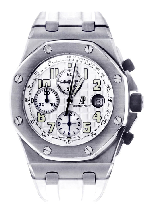 Audemars Piguet 42mm Royal Oak Offshore Silver Dial Stainless Steel White Rubber Strap Watch 26020ST