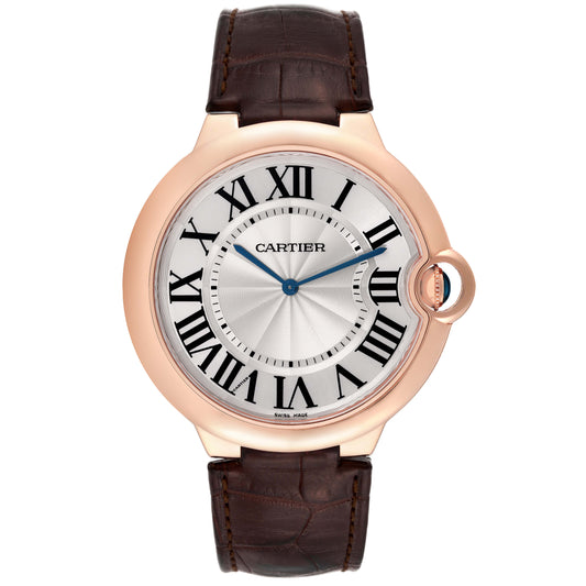 Cartier Ballon Bleu 46mm Automatic Silver Dial Mens 18K Rose Gold with Leather band Watch 3376