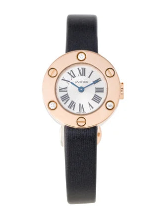 Cartier Ladies Love 23mm Quartz 18k Rose Gold Silver Dial Black Leather Band Watch 2977