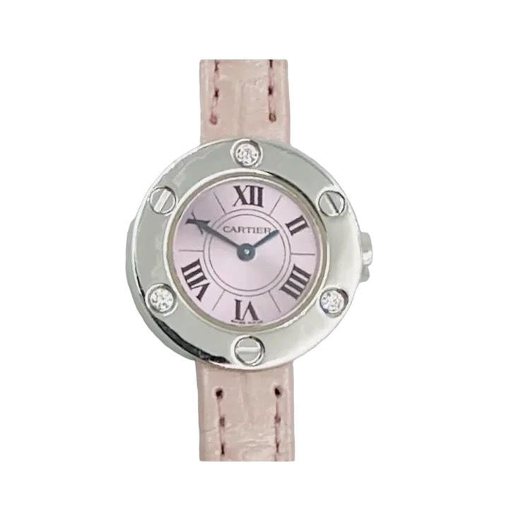 Cartier Ladies Love 23mm Quartz 18k White Gold case Pink Dial Leather Band Watch 2974